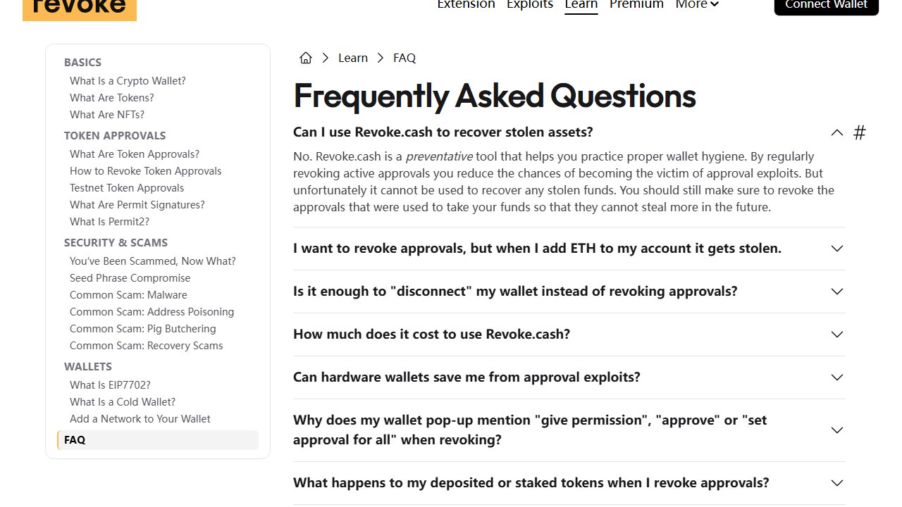 revoke.cash 官方页面截图:Frequently Asked Questions | Revoke.cash